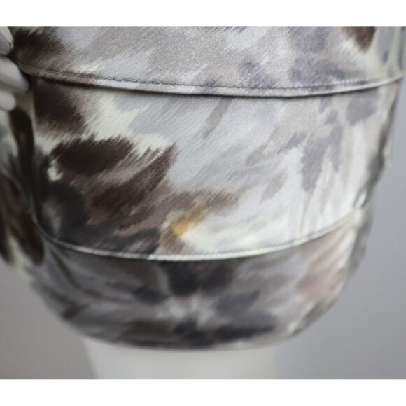 GRAY IVORY BEIGE PRINT SATIN RUFFLE LAYER SHEATH DRESS - LONDON TIMES - SIZE 6P - Picture 4 of 6